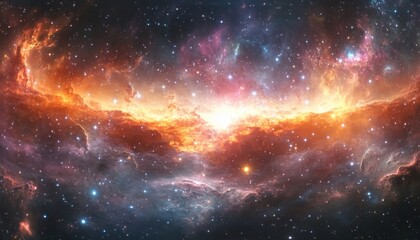 This illustration shows a nebula with vibrant orange and blue hues, filled with bright stars and cosmic dust, creating a celestial landscape.