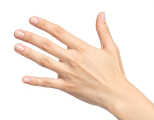 A light-skinned hand open with manicured nails against a white background