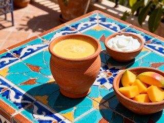 Authentic Mango Lassi Drink in a Clay Pot on a Colorful Mosaic Tile Table on a Sunny Terrace