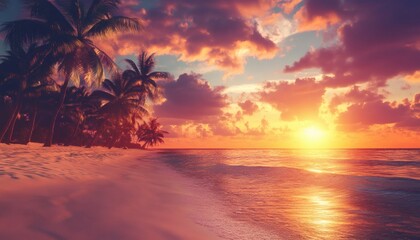 The illustration shows a tranquil beach scene at sunset, featuring palm trees silhouetted against a vibrant sky and calm ocean waves gently lapping the shore.