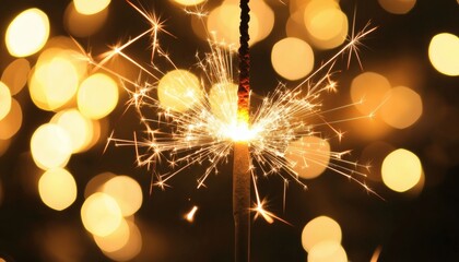 A close-up image shows a burning sparkler with bright sparks radiating outward against a background of out-of-focus yellow lights.