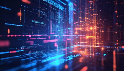 The illustration shows a three-dimensional digital landscape composed of glowing lines, data streams, and abstract shapes in shades of blue and orange.