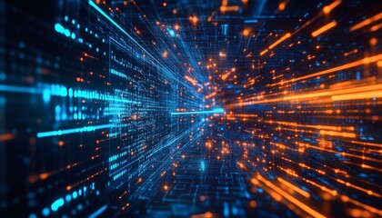 The illustration shows a digital data stream with blue and orange lights, moving through a dark tunnel-like space, creating an abstract futuristic effect.