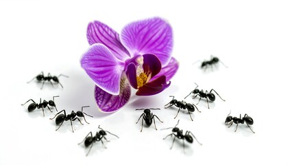 A purple orchid surrounded by ants on a white background