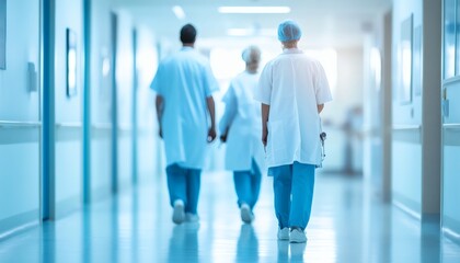Three doctors in scrubs and lab coats walk down a long, bright hospital corridor.