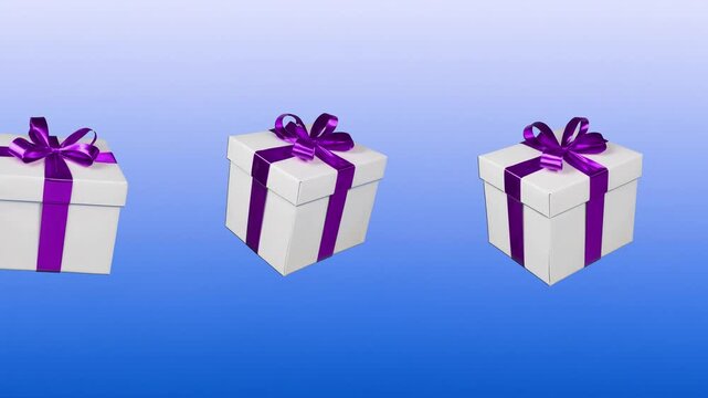 Elegant 3D Presents Floating on Purple Gradient Background Description: High-quality 3D animation of white gift boxes with purple ribbons moving through a vibrant purple gradient space. This stylish b