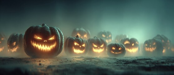 Mischievous glow: a haunted gathering of spooky halloween lanterns. Fantastical figures. Uncanny aura: enhanced jack o lanterns amidst ghostly silhouetted shaddows. Daring imagery.