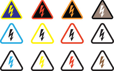  High Voltage Warning Icons Set &ndash; Electric Hazard and Danger Symbols with Lightning Bolt Triangle Signs.