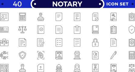 Legal and notary outline icon collection. Includes certificate, contract, signature, seal, oath, witness, and document symbols. Modern outline icons for law, validation, approval, and authentication.