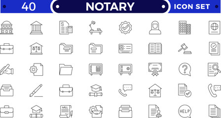 Legal and notary outline icon collection. Includes certificate, contract, signature, seal, oath, witness, and document symbols. Modern outline icons for law, validation, approval, and authentication.