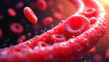 Vibrant Blood Flow Dramatic Macro of Jewel-Toned Red Blood Cells in Cinematic Motion for Medical, Science, and Health Concepts