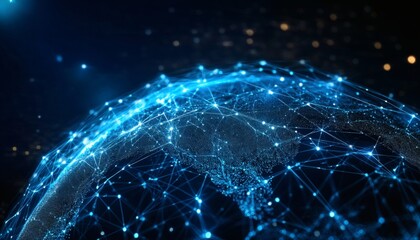 The illustration shows a digital rendering of Earth, represented as a network of interconnected nodes and lines, glowing bright blue against a dark background.
