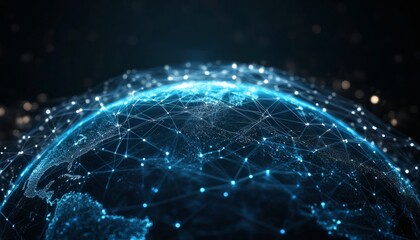 This illustration shows the Earth as a network of interconnected nodes, rendered in shades of blue against a dark background.