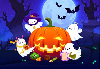 Scary mystic Halloween landscape with cute funny ghosts and glowing pumpkin jack o lantern, cartoon vector. Flying bats and twisted spooky trees, cute ghosts and Halloween holiday scary candies