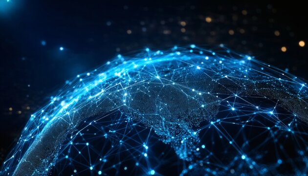 The illustration shows a digital rendering of Earth, represented as a network of interconnected nodes and lines, glowing bright blue against a dark background.