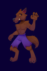 Cartoon werewolf vector character with angry eyes and sharp claws. Halloween wolfman beast personage with freak violet shorts. Scary hairy wild animal standing with horrible nails
