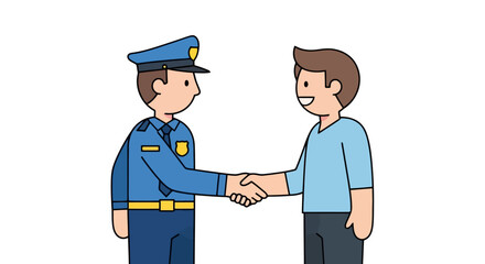 Cartoon Illustration of a Police Officer and a Citizen Shaking Hands, Symbolizing Community Trust and Cooperation for Public Safety and Awareness Campaigns