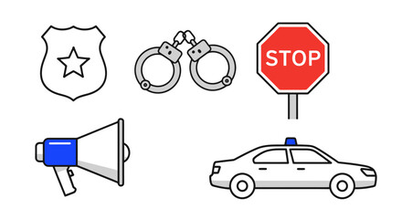 Vector Illustration Set of Law Enforcement Symbols for Public Safety Awareness Campaigns and Educational Materials, Ideal for Crime Prevention and Justice Related Projects