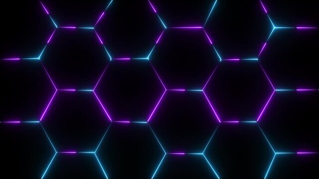 glowing neon blue light hexagon grid pattern animated on black background. Geometric abstract hexagon black background. Trendy sci-fi technology background with hexagon pattern.4k animation video