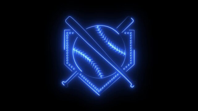 Glowing neon Baseball and bat frame icon isolated on black background. neon baseball softball sport icon simple bat and ball template. Both baseball equipment have a neon glow against 