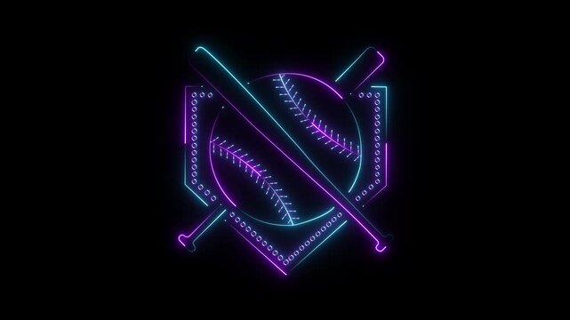 Glowing neon Baseball and bat frame icon isolated on black background. neon baseball softball sport icon simple bat and ball template. Both baseball equipment have a neon glow against 