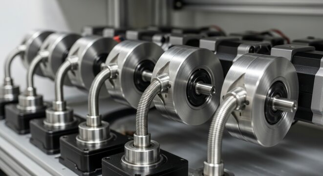 Row of industrial rotary encoders mounted on a machine.