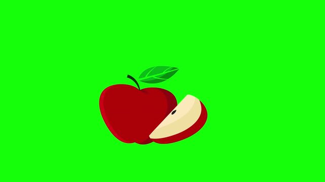 Animated red delicious apple and slice icon, Crisp, clean design ideal for health apps, food delivery services, and education in green screen background 