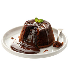 Decadent chocolate lava cake with rich molten center and fresh mint garnish isolated on transparent background