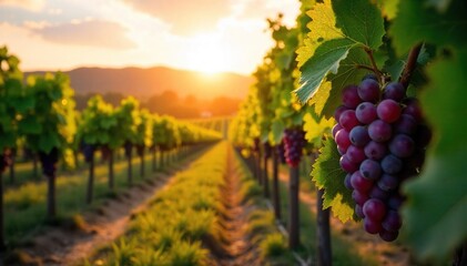 Fototapeta premium Golden Hour Harvest Ripe Grapes Hanging Heavy on the Vine in a Picturesque Vineyard, Ready for Picking. Sunlight Dapples Lush Leaves, Creating a Warm and Inviting Autumnal Scene.