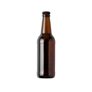 A single, brown glass bottle, upright against a stark black background. Metal cap, empty inside