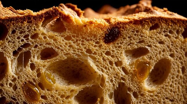 Close up view of a raisin bread loaf showing the texture and golden brown crust on a dark background