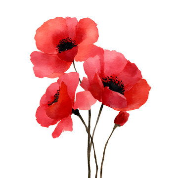 Watercolor illustration of vivid red poppy flowers in bloom isolated on transparent background