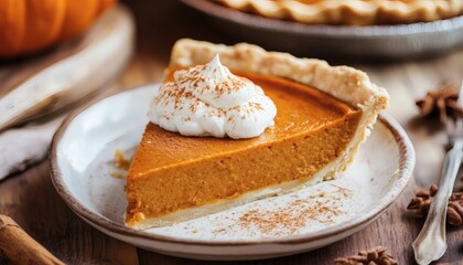 The image shows a piece of pumpkin pie on a plate, topped with whipped cream and a dusting of cinnamon.