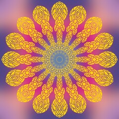This colorful mandala design, with its unique patterns and symmetrical shapes, represents balance, beauty, and harmony in the universe, blending with the gradients of the background colors.
