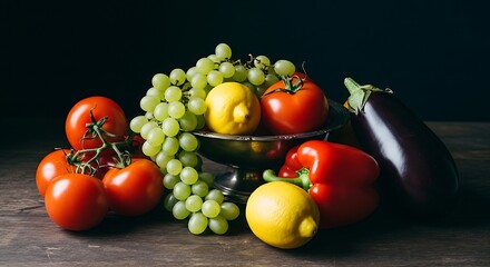Classic still life composition with fresh fruits and vegetables on a dark background.