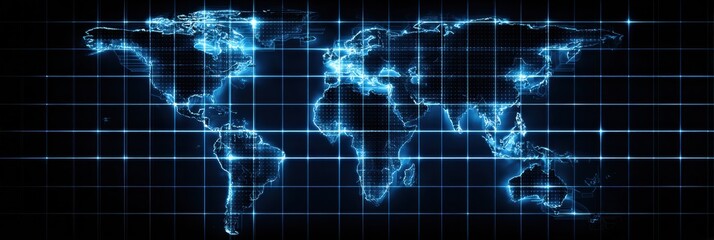 Digital World Map With Glowing Lines Representing Global Connectivity and Networks Across Continents at Night