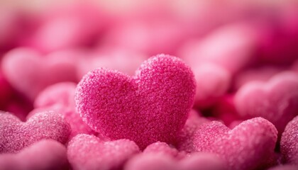 Obraz premium The image shows numerous pink heart-shaped candies; one heart is in focus, while others are blurred in the background.