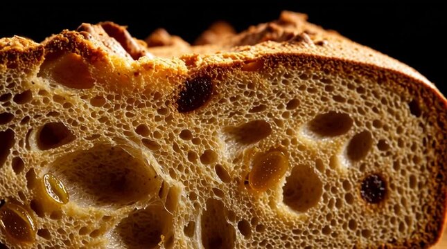 Close up view of a slice of raisin bread with golden crust and visible air pockets texture details