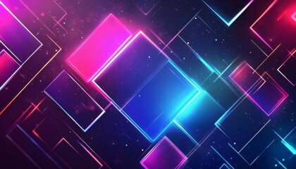 The illustration shows pink and blue neon squares with glowing lines on a dark background with sparkles.