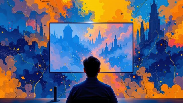 Person sitting at desk watching vibrant digital fantasy landscape on modern computer screen, colorful imaginative atmosphere