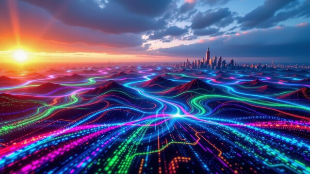 Aerial view of vibrant neon waves flowing toward futuristic city skyline at sunset, digital landscape, energetic and dynamic mood