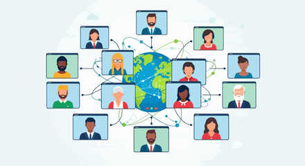 Global Virtual Meeting Illustration Showcasing Diverse Participants Connecting Across the World for Online Collaboration and International Business Communication