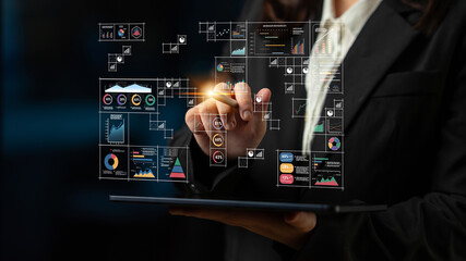 A big data visualization and business analytics dashboard grid. A complex collection of charts and graphs for comprehensive company reporting. Motif