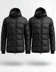 Two black quilted jackets with hoods