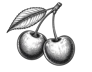Two cherries with leaf, detailed ink drawing