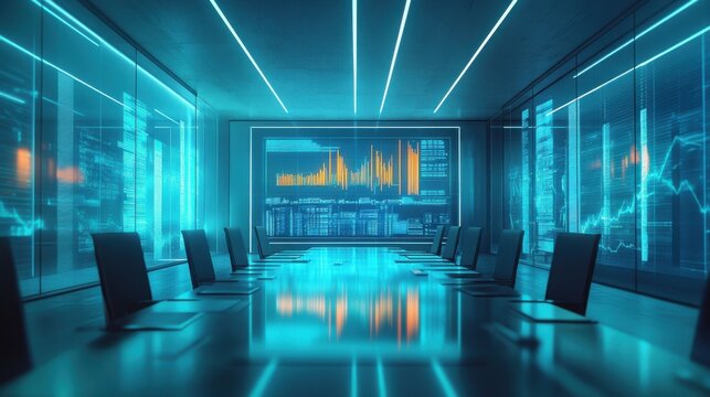 Business meeting visualization in high-tech conference room with data analytics display modern environment corporate viewpoint