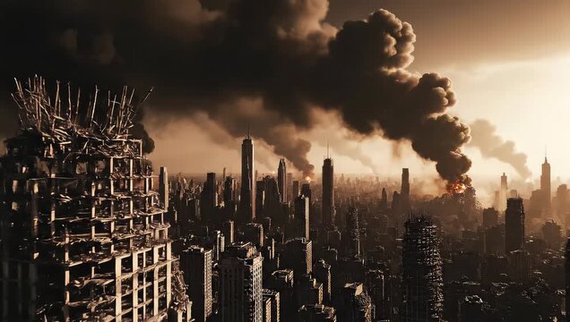 Cinematic aerial of destroyed skyscrapers with smoke and explosion in distance over ruined cityscape.