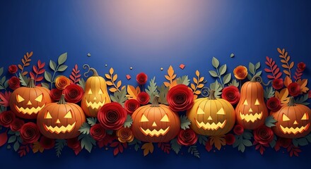 A festive row of glowing Halloween jack-o'-lanterns surrounded by colorful papercraft flowers and leaves on a blue background.