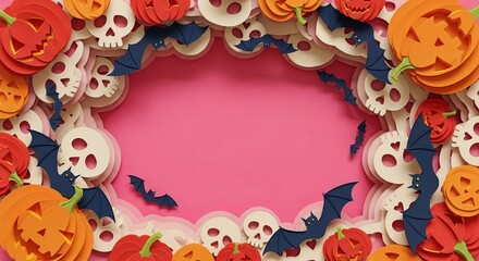 Colorful Halloween paper art frame featuring spooky skulls, pumpkins, and bats surrounding a vibrant pink copy space.