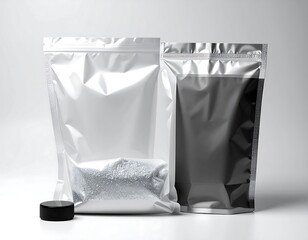 Two clear plastic pouches, one white and one black, with a small black circle on a white background